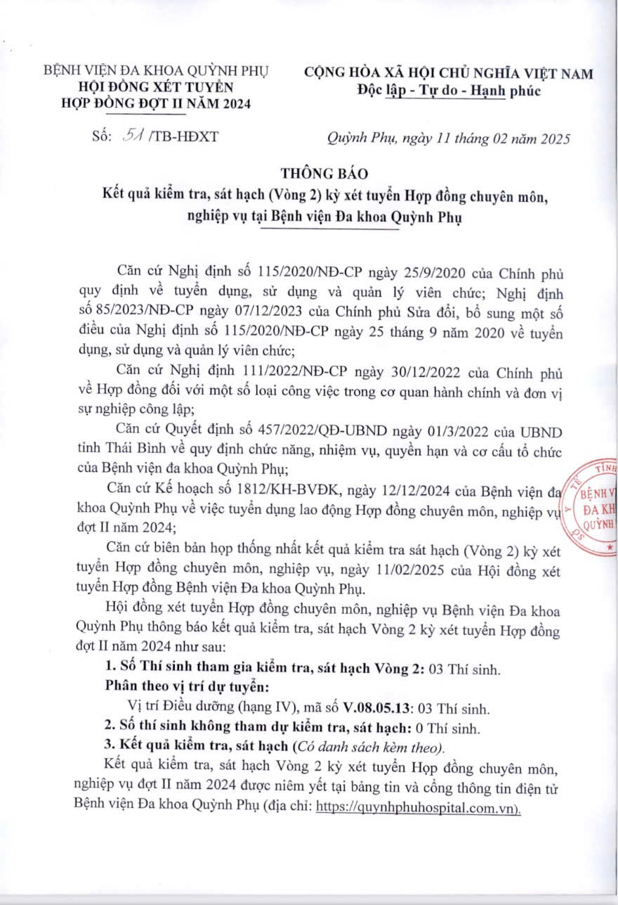 THÔNG BÁO KẾT QUẢ KIỂM TRA, SÁT HẠCH ( VÒNG 2) KỲ XÉT TUYỂN HỢP ĐỒNG CHUYÊN MÔN, NGHIỆP VỤ TẠI BỆNH VIỆN ĐA KHOA QUỲNH PHỤ