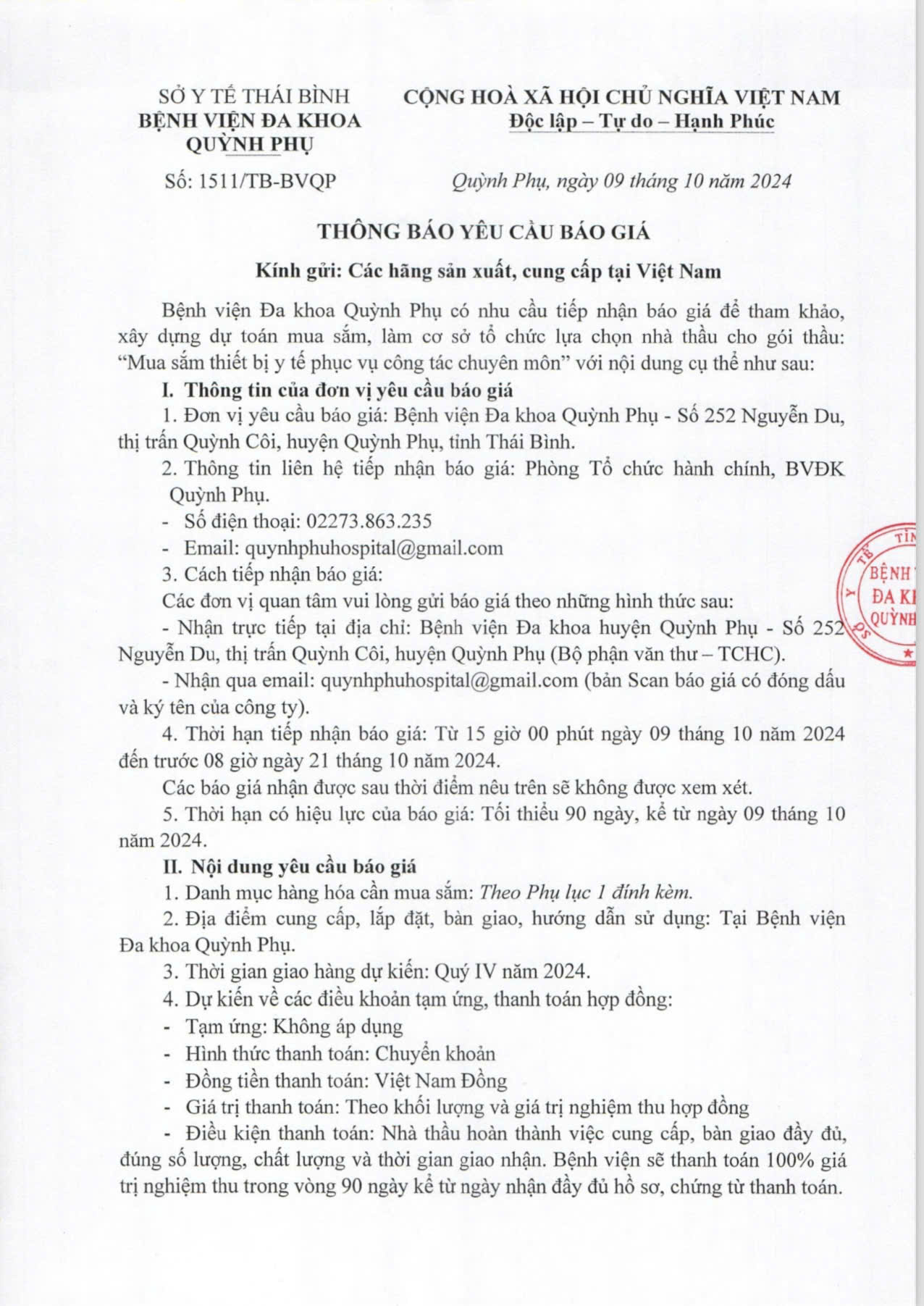 THÔNG BÁO YÊU CẦU BÁO GIÁ  GÓI THẦU