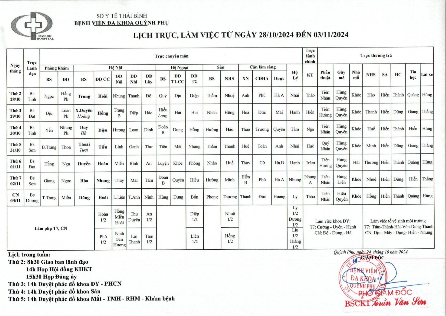 LỊCH TRỰC, LÀM VIỆC TỪ NGÀY 28/10/2024 ĐẾN NGÀY 3/11/2024