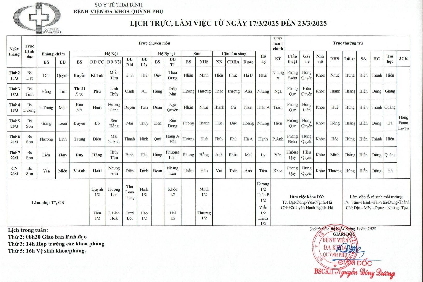 LỊCH TRỰC, LÀM VIỆC TỪ NGÀY 17/3/2025 ĐẾN 23/3/2025
