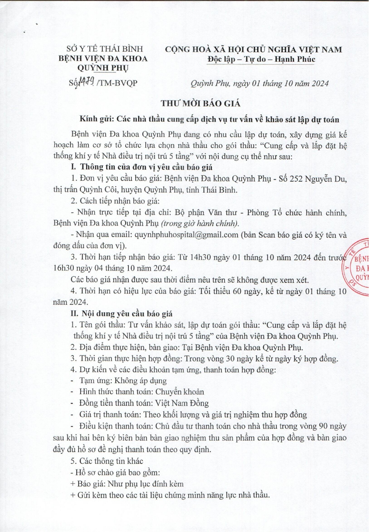 Thư mời báo giá gói thầu ' Cung cấp và lắp đặt hệ thống khí y tế Nhà điều trị nội trú 5 tầng '