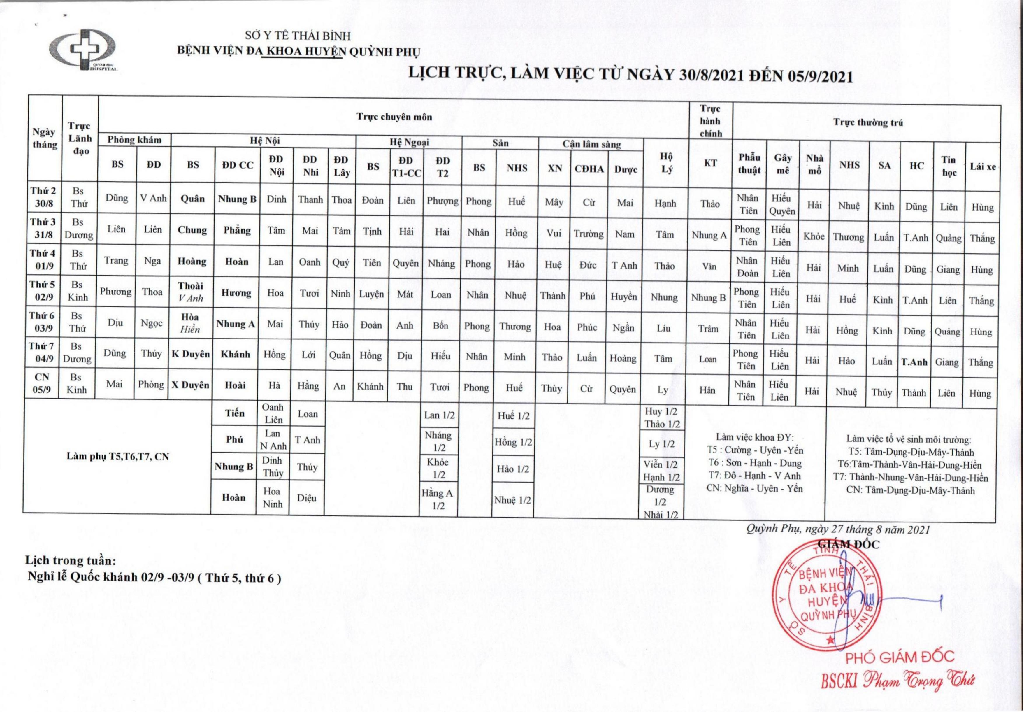 Lịch trực, làm việc từ ngày 30/8/2021 đến ngày 05/9/2021