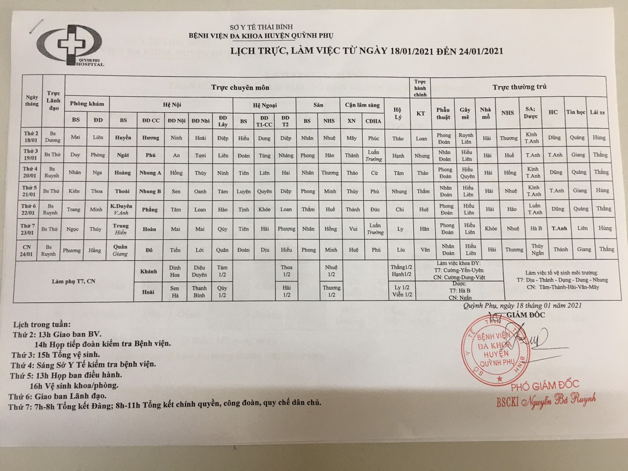 Lịch trực, làm việc từ ngày 18/01//2021 đến ngày 24/01/2021