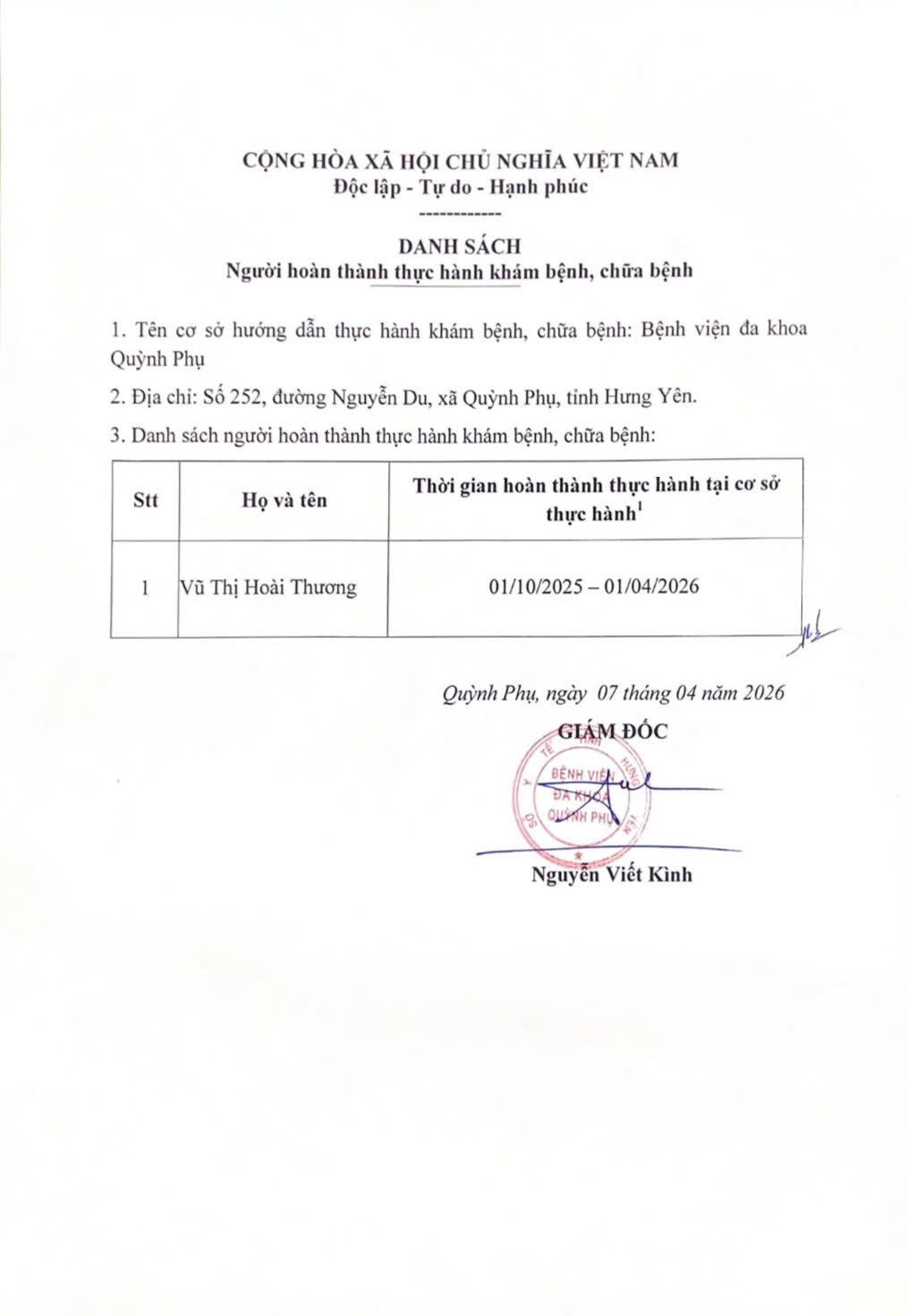 BỆNH VIỆN ĐA KHOA QUỲNH PHỤ THÔNG BÁO DANH SÁCH NGƯỜI HOÀN THÀNH THỰC HÀNH KHÁM BỆNH, CHỮA BỆNH BỆNH VIỆN ĐA KHOA QUỲNH PHỤ THÔNG BÁO DANH SÁCH NGƯỜI HOÀN THÀNH THỰC HÀNH KHÁM BỆNH, CHỮA BỆNH
