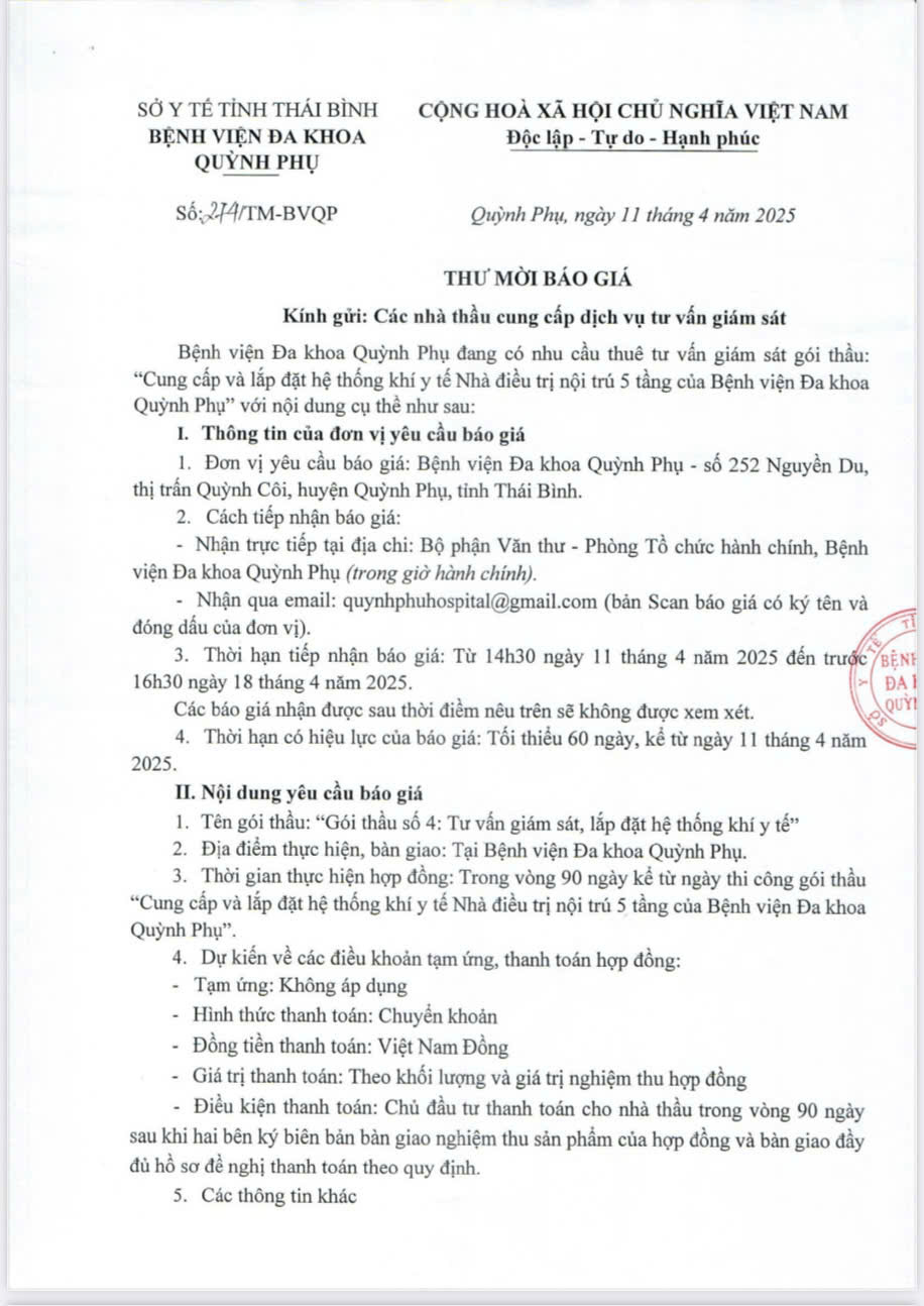 THƯ MỜI BÁO GIÁ GÓI THẦU