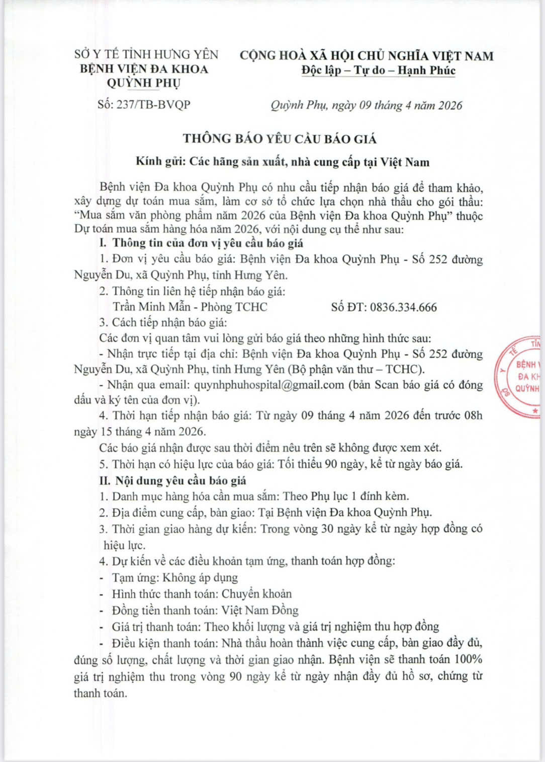 BỆNH VIỆN ĐA KHOA QUỲNH PHỤ THÔNG BÁO YÊU CẦU BÁO GIÁ ĐỂ THAM KHẢO XÂY DỰNG DỰ TOÁN MUA SẮM, LÀM CƠ SỞ TỔ CHỨC LỰA CHỌN NHÀ THẦU CHO GÓI THẦU: