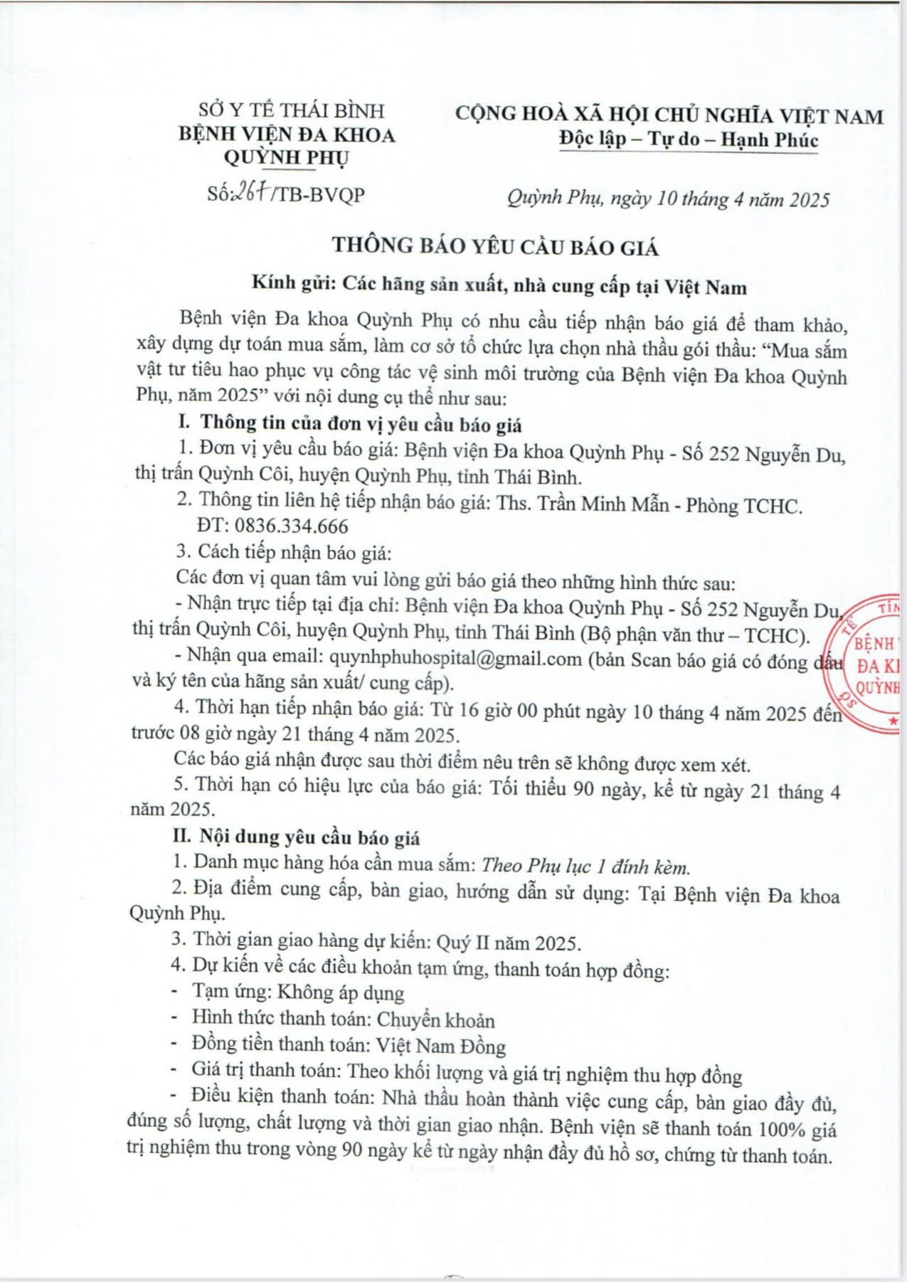 THÔNG BÁO YÊU CẦU BÁO GIÁ GÓI THẦU