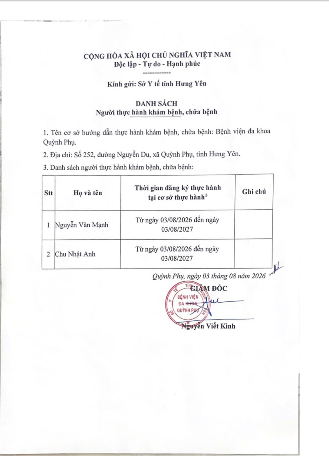 BỆNH VIỆN ĐA KHOA QUỲNH PHỤ THÔNG BÁO DANH SÁCH NGƯỜI THỰC HÀNH KHÁM BỆNH, CHỮA BỆNH