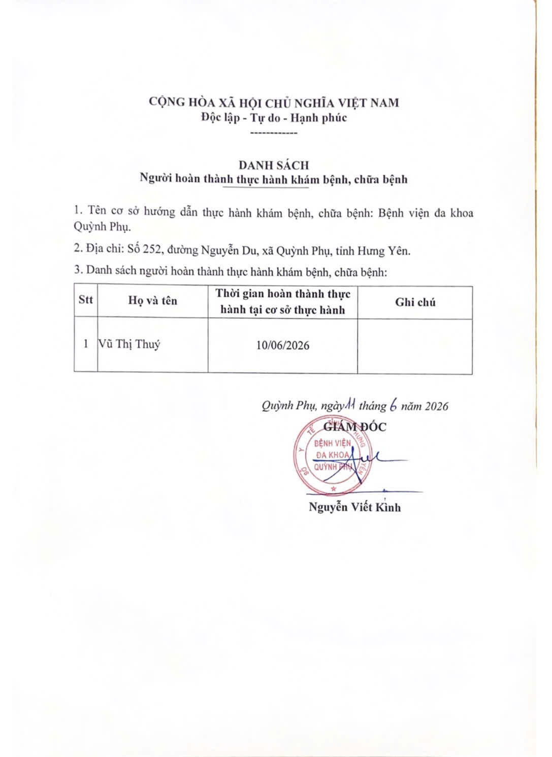 BỆNH VIỆN ĐA KHOA QUỲNH PHỤ THÔNG BÁO DANH SÁCH NGƯỜI HOÀN THÀNH THỰC HÀNH KHÁM BỆNH, CHỮA BỆNH