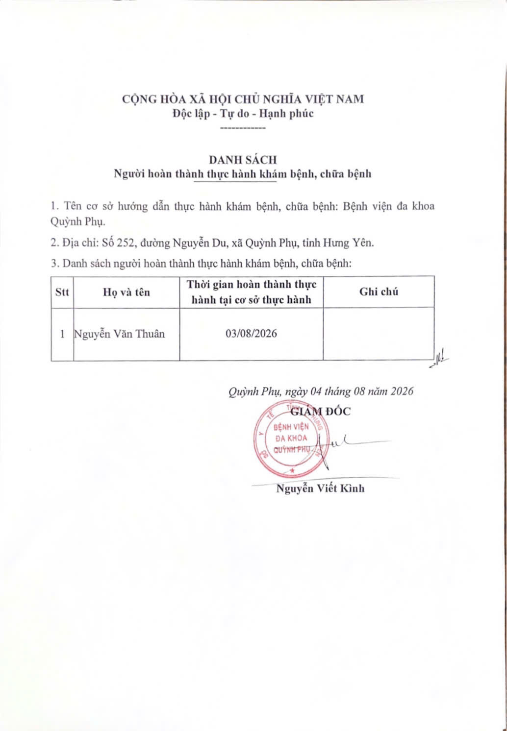 BỆNH VIỆN ĐA KHOA QUỲNH PHỤ THÔNG BÁO DANH SÁCH NGƯỜI HOÀN THÀNH THỰC HÀNH KHÁM BỆNH, CHỮA BỆNH