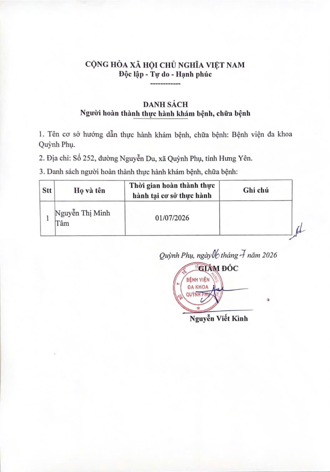 BỆNH VIỆN ĐA KHOA QUỲNH PHỤ THÔNG BÁO DANH SÁCH NGƯỜI HOÀN THÀNH THỰC HÀNH KHÁM BỆNH, CHỮA BỆNH
