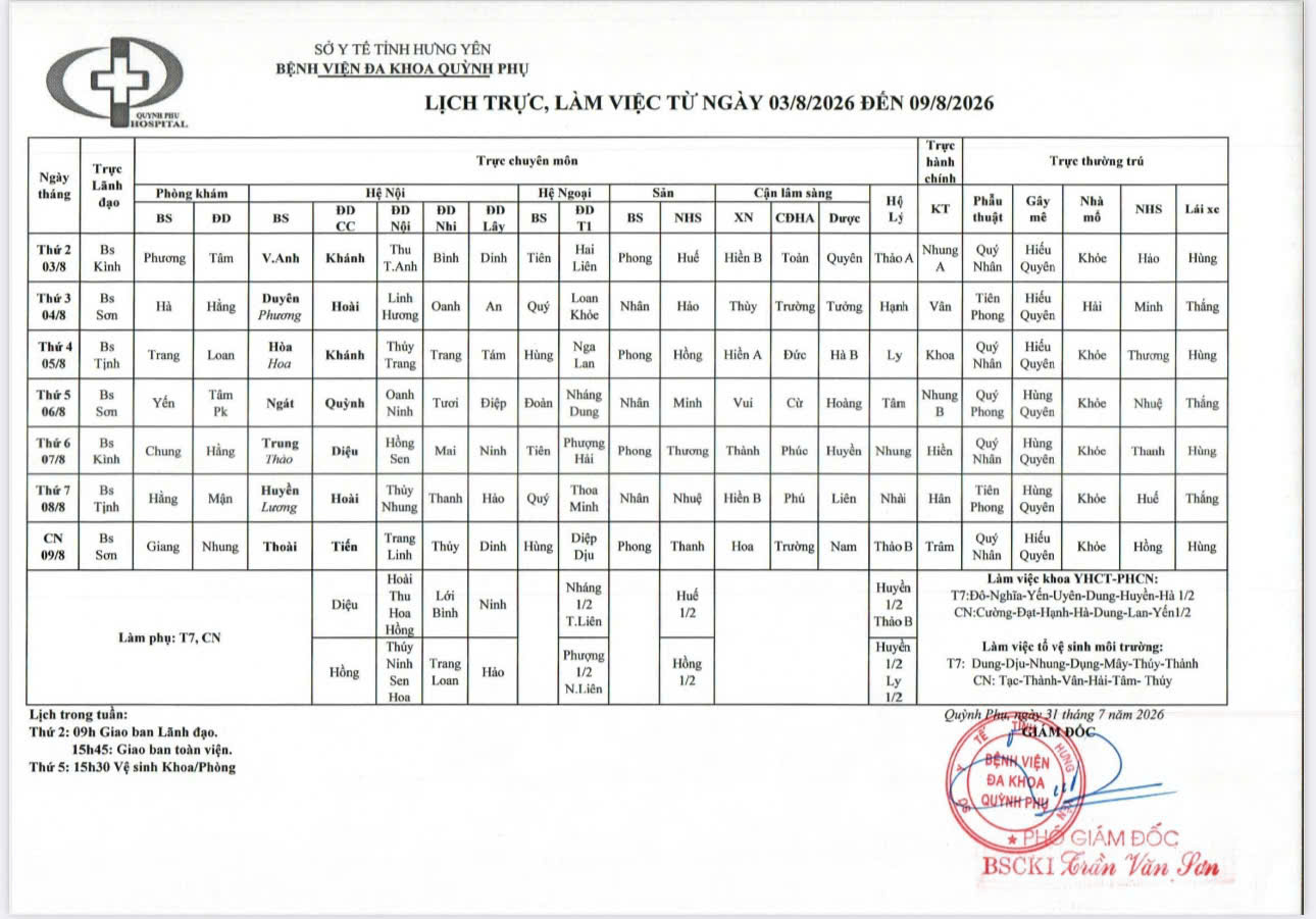 LỊCH TRỰC, LÀM VIỆC TỪ NGÀY 03/8/2026 ĐẾN 09/8/2026 LỊCH TRỰC, LÀM VIỆC TỪ NGÀY 03/8/2026 ĐẾN 09/8/2026