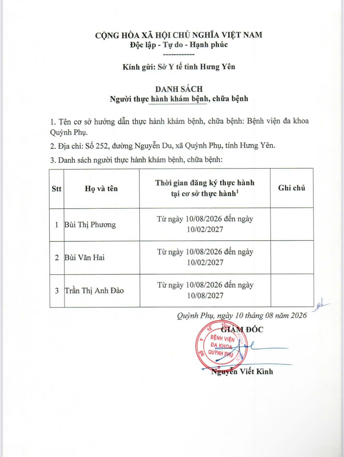 BỆNH VIÊN ĐA KHOA QUỲNH PHỤ THÔNG BÁO DANH SÁCH NGƯỜI THỰC HÀNH KHÁM BỆNH, CHỮA BỆNH BỆNH VIÊN ĐA KHOA QUỲNH PHỤ THÔNG BÁO DANH SÁCH NGƯỜI THỰC HÀNH KHÁM BỆNH, CHỮA BỆNH