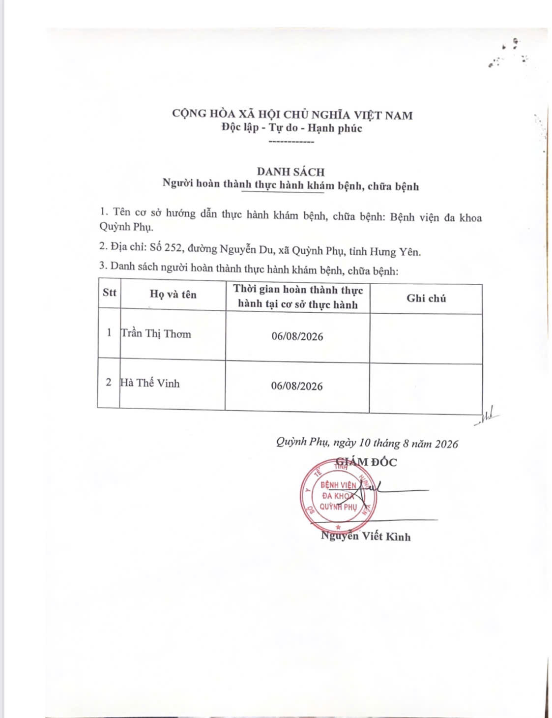 BỆNH VIỆN ĐA KHOA QUỲNH PHỤ THÔNG BÁO DANH SÁCH NGUƯỜI HOÀN THÀNH THỰC HÀNH KHÁM BỆNH, CHỮA BỆNH