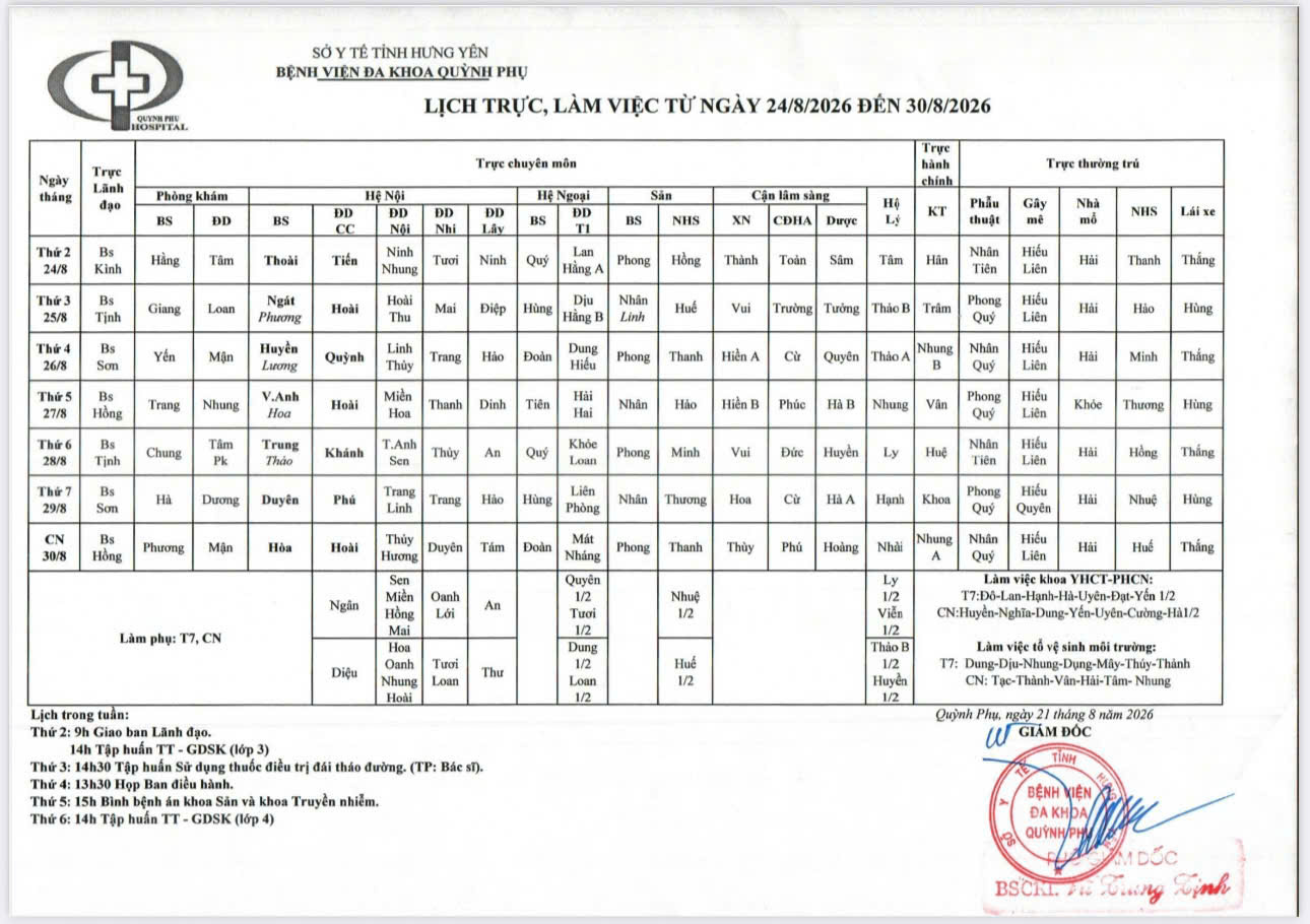 LỊCH TRỰC, LÀM VIỆC TỪ NGÀY 24/08/2026 ĐẾN 30/8/2026