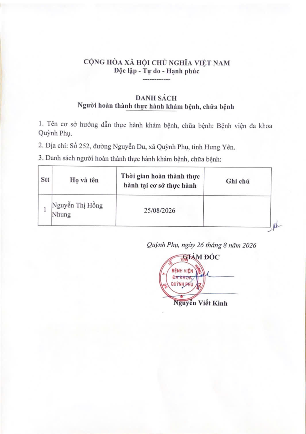 BỆNH VIỆN ĐA KHOA QUỲNH PHỤ THÔNG BÁO DANH SÁCH NGƯỜI HOÀN THÀNH THỰC HÀNH KHÁM BỆNH, CHỮA BỆNH