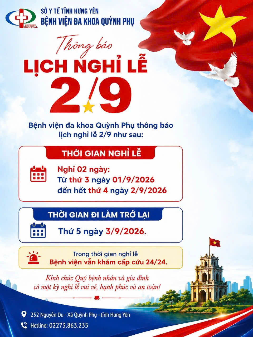 BỆNH VIỆN ĐA KHOA QUỲNH PHỤ THÔNG BÁO LỊCH NGHỈ LỄ QUỐC KHÁNH 2/9/2026