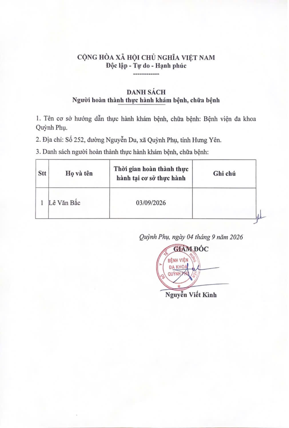 BỆNH VIỆN ĐA KHOA QUỲNH PHỤ THÔNG BÁO NGƯỜI THỰC HÀNH KHÁM BỆNH, CHỮA BỆNH