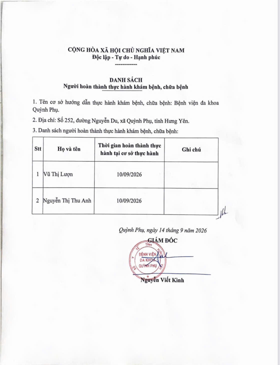 BỆNH VIỆN ĐA KHOA QUỲNH PHỤ THÔNG BÁO DANH SÁCH NGƯỜI HOÀN THÀNH THỰC HÀNH KHÁM BỆNH, CHỮA BỆNH