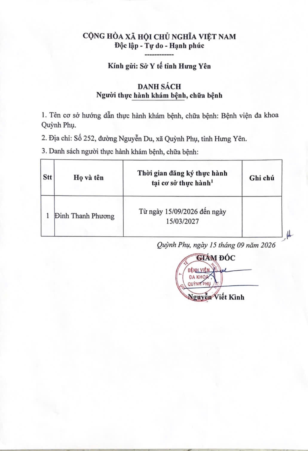 BỆNH VIỆN ĐA KHOA QUỲNH PHỤ THÔNG BÁO DANH SÁCH NGỪI THỰC HÀNH KHÁM BỆNH,