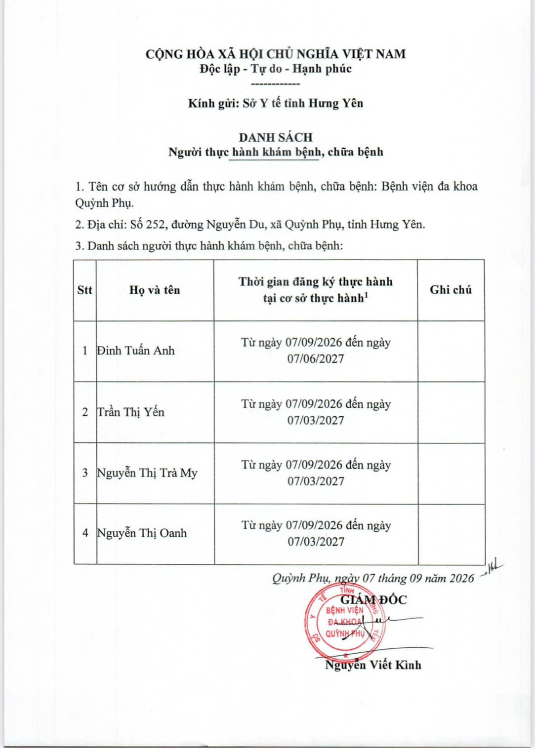 BỆNH VIỆN ĐA KHOA QUỲNH PHỤ THÔNG BÁO DANH SÁCH NGƯỜI THỰC HÀNH KHÁM BỆNH, CHỮA BỆNH. BỆNH VIỆN ĐA KHOA QUỲNH PHỤ THÔNG BÁO DANH SÁCH NGƯỜI THỰC HÀNH KHÁM BỆNH, CHỮA BỆNH.
