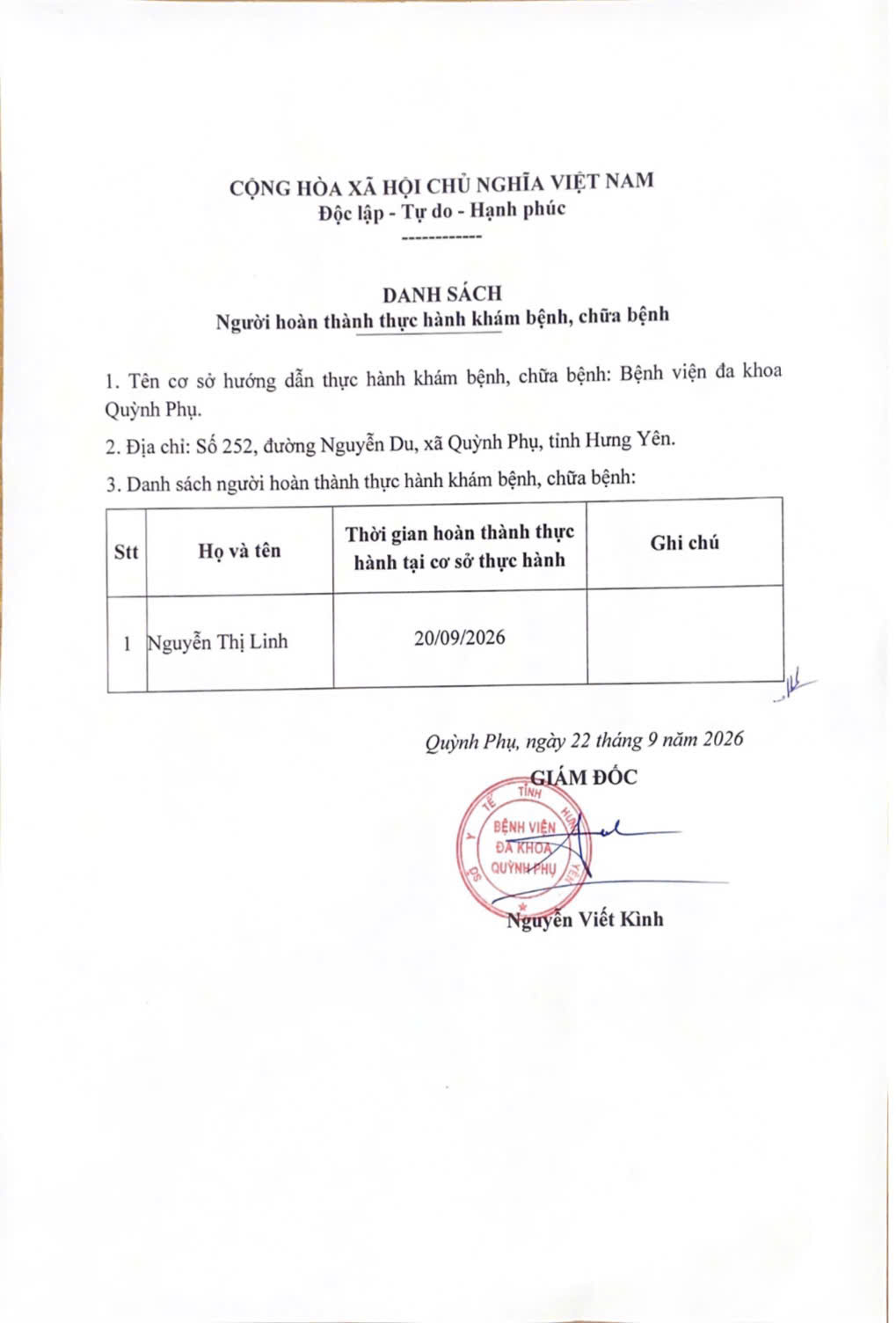 BỆNH VIỆN ĐA KHOA QUỲNH PHỤ THÔNG BÁO DANH SÁCH NGƯỜI HOÀN THÀNH THỰC HÀNH KHÁM BỆNH CHỮA BỆNH BỆNH VIỆN ĐA KHOA QUỲNH PHỤ THÔNG BÁO DANH SÁCH NGƯỜI HOÀN THÀNH THỰC HÀNH KHÁM BỆNH CHỮA BỆNH