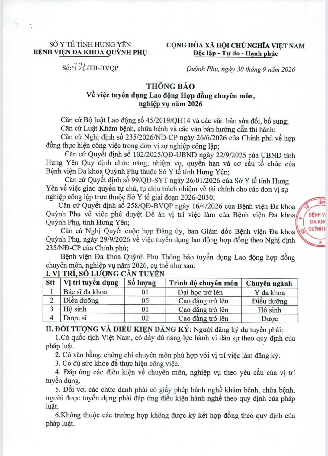 BỆNH VIỆN ĐA KHOA QUỲNH PHỤ THÔNG BÁO VỀ VIỆC TUYỂN DỤNG LAO ĐỘNG HỢP ĐÔNG CHUYÊN MÔN NGHIỆP VỤ NĂM 2026
