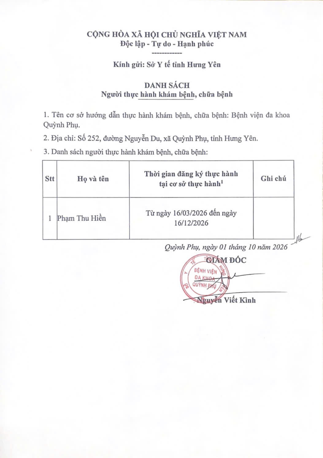 BỆNH VIỆN ĐA KHOA QUỲNH PHỤ THÔNG BÁO DANH SÁCH NGƯỜI THỰC HÀNH KHÁM BỆNH, CHỮA BỆNH BỆNH VIỆN ĐA KHOA QUỲNH PHỤ THÔNG BÁO DANH SÁCH NGƯỜI THỰC HÀNH KHÁM BỆNH, CHỮA BỆNH
