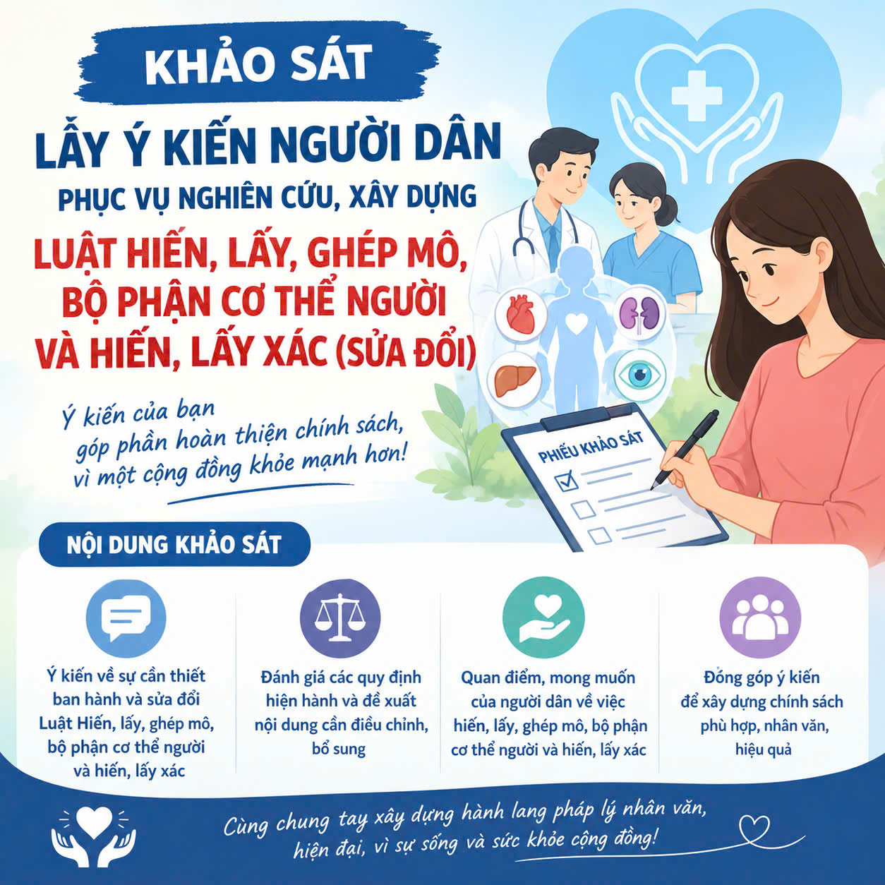 BỆNH VIỆN ĐA KHOA QUỲNH PHỤ THÔNG BÁO VỀ VIỆC KHẢO SÁT LẤY Ý KIẾN NGƯỜI DÂN PHỤC VỤ XÂY DỰNG LUẬT HIẾN, LẤY, GHÉP MÔ, BỘ PHẬN CƠ THỂ NGƯỜI VÀ HIẾN, LẤY XÁC (SỬA ĐỔI)
