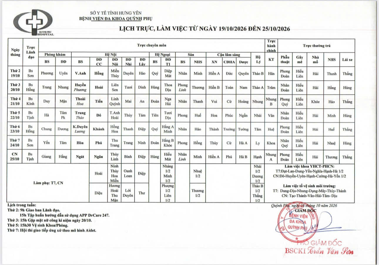 LỊCH TRỰC, LÀM VIỆC TỪ NGÀY 19/10/2026 ĐẾN 25/101/2026 LỊCH TRỰC, LÀM VIỆC TỪ NGÀY 19/10/2026 ĐẾN 25/101/2026