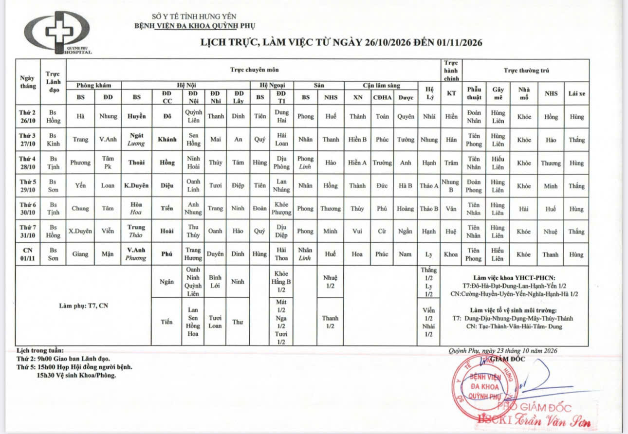 LỊCH TRỰC, LÀM VIỆC TỪ NGÀY 26/10/2026 ĐẾN NGÀY 01/11/2026