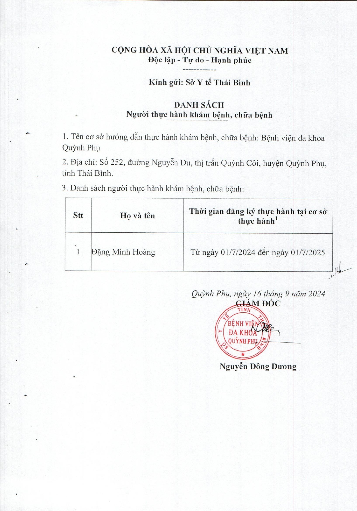 Danh sách người thực hành khám bệnh, chữa bệnh