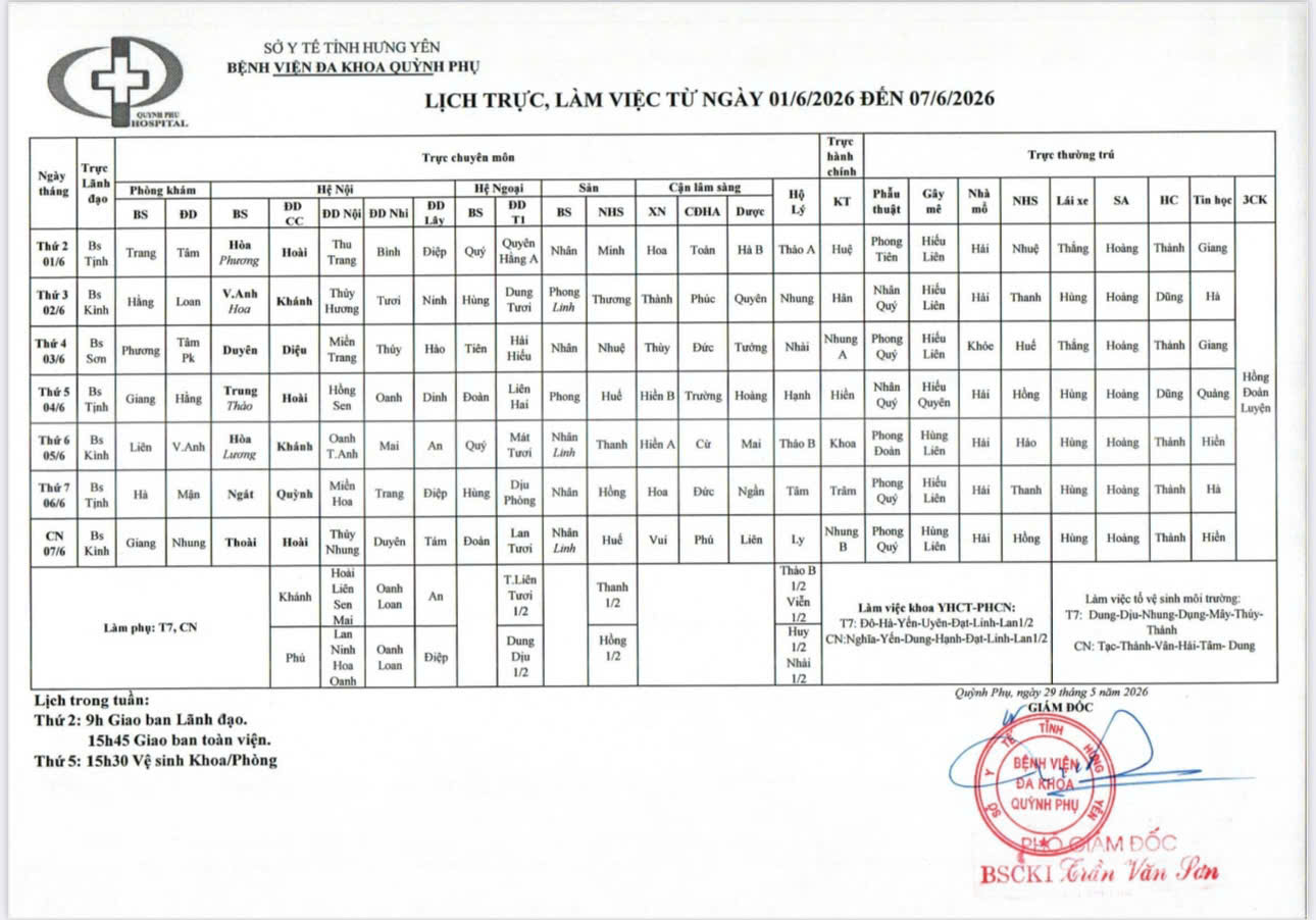 LỊCH TRỰC, LÀM VIỆC TỪ NGÀY 01/06/2026 ĐẾN 07/06/2026