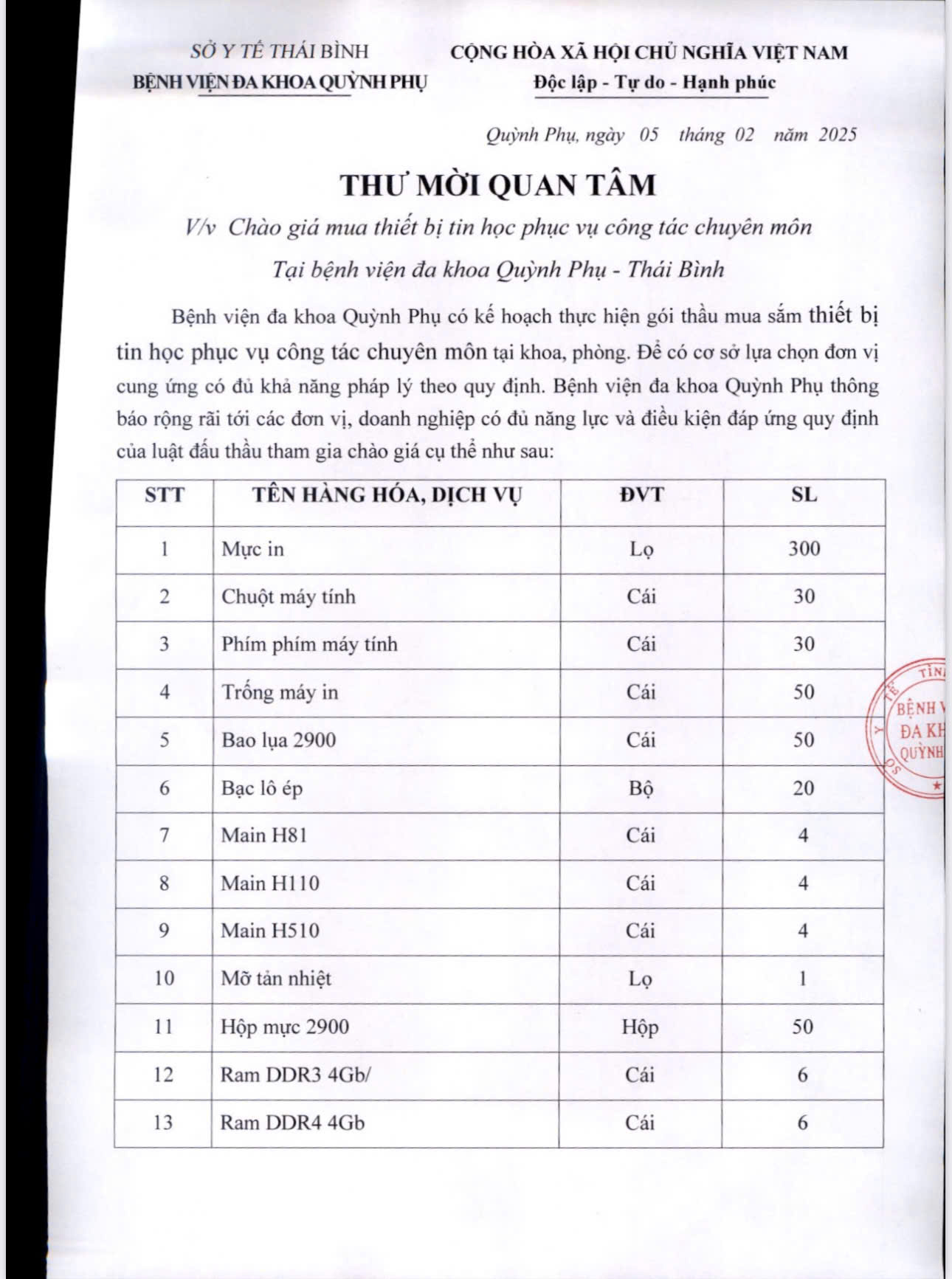 THƯ MỜI CHÀO GIÁ MUA THIẾT BỊ TIN HỌC PHỤC VỤ CÔNG TÁC CHUYÊN MÔN TẠI BỆNH VIỆN ĐA KHOA QUỲNH PHỤ