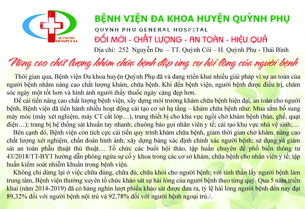 Bệnh viện đa kkhoa Huyện Quỳnh Phụ nâng cao chất lượng khám chữa bệnh đáp ứng sự hài lòng của người bệnh