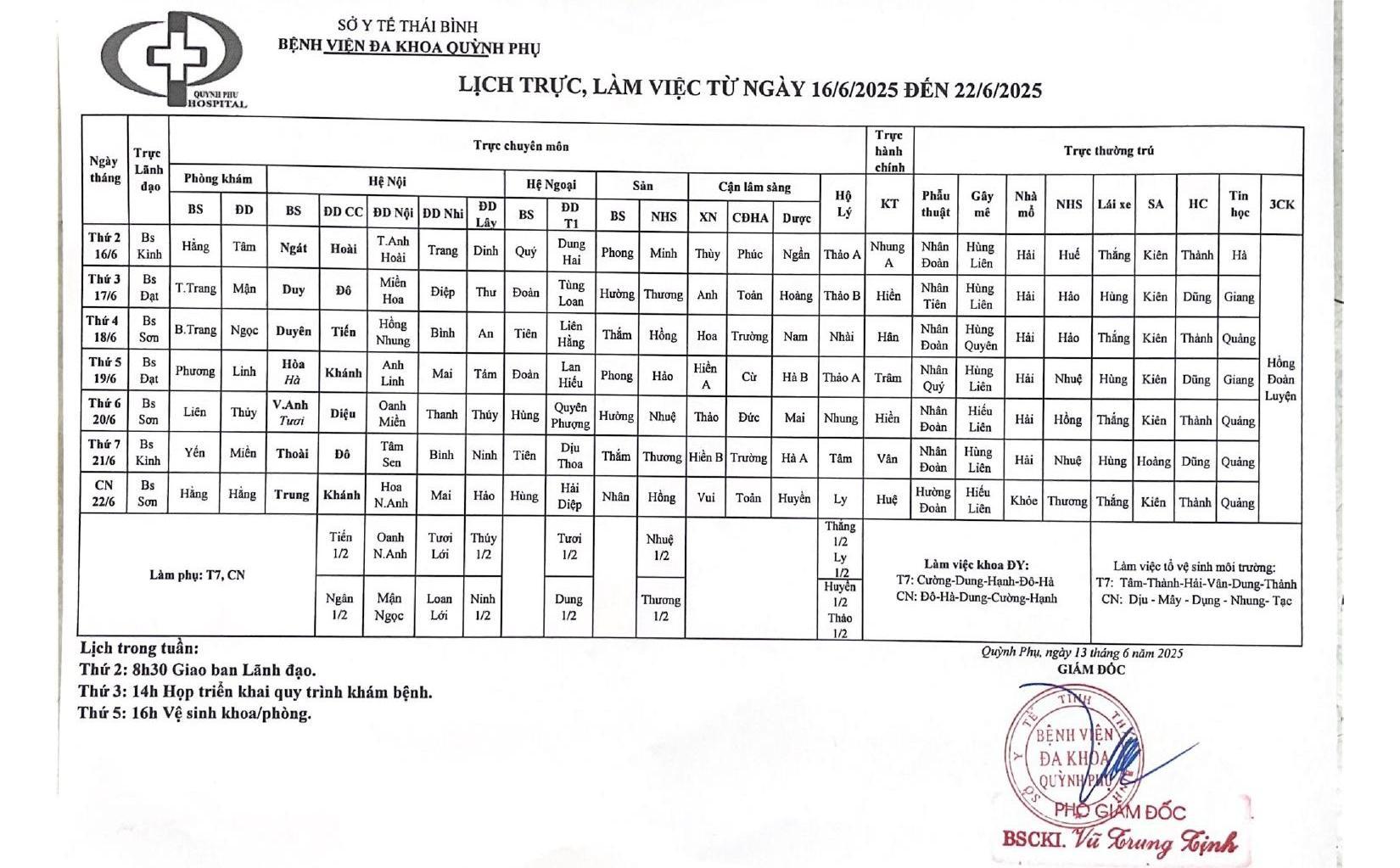 LỊCH TRỰC, LÀM VIỆC TỪ NGÀY 16/6/2025 ĐẾN 22/6/2025