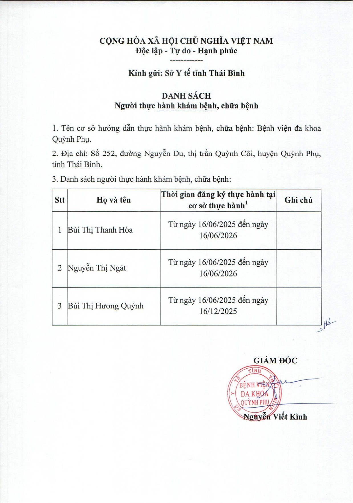 Danh sách người thực hành khám bệnh, chữa bệnh
