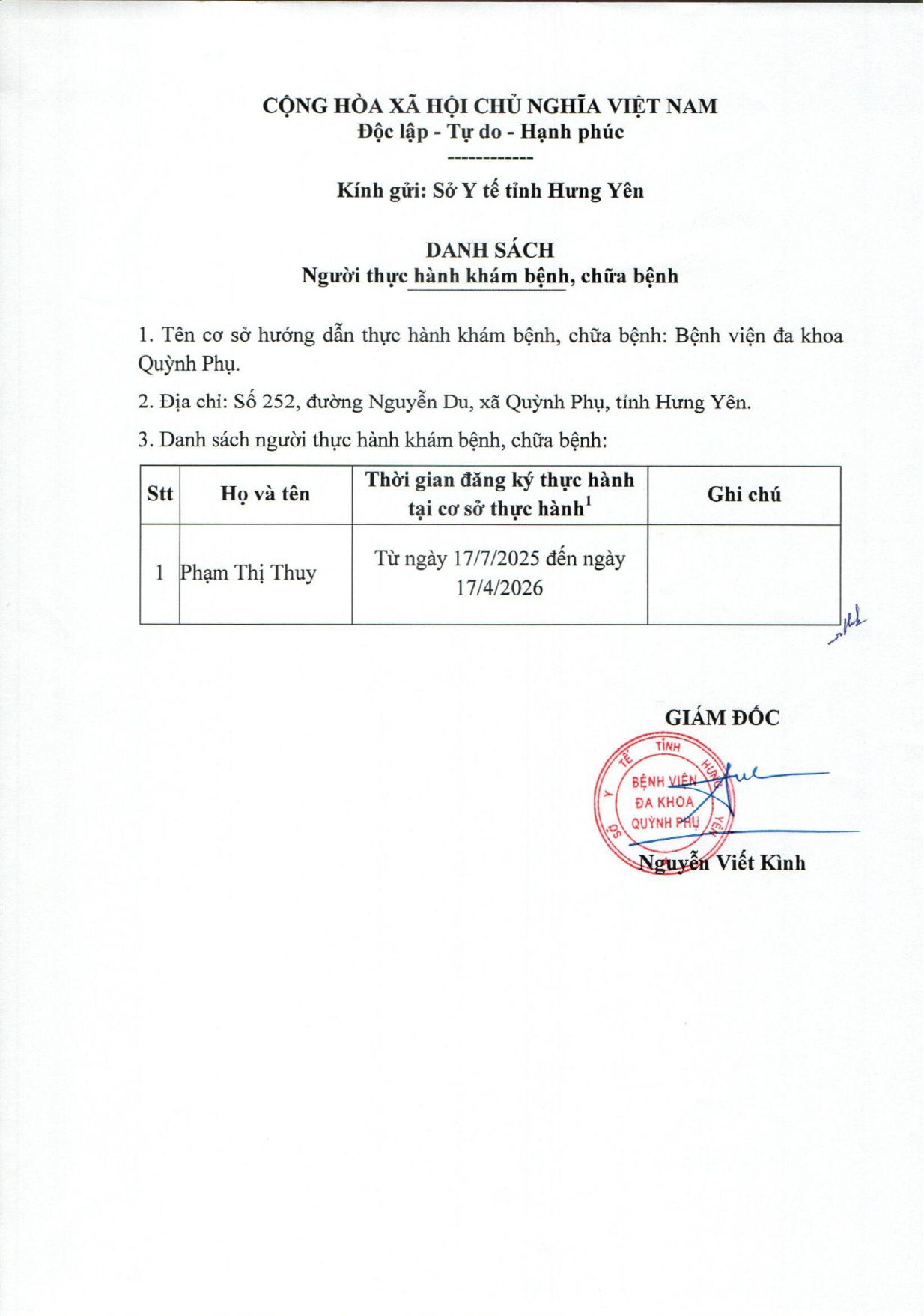 Danh sách người thực hành khám bệnh, chữa bệnh