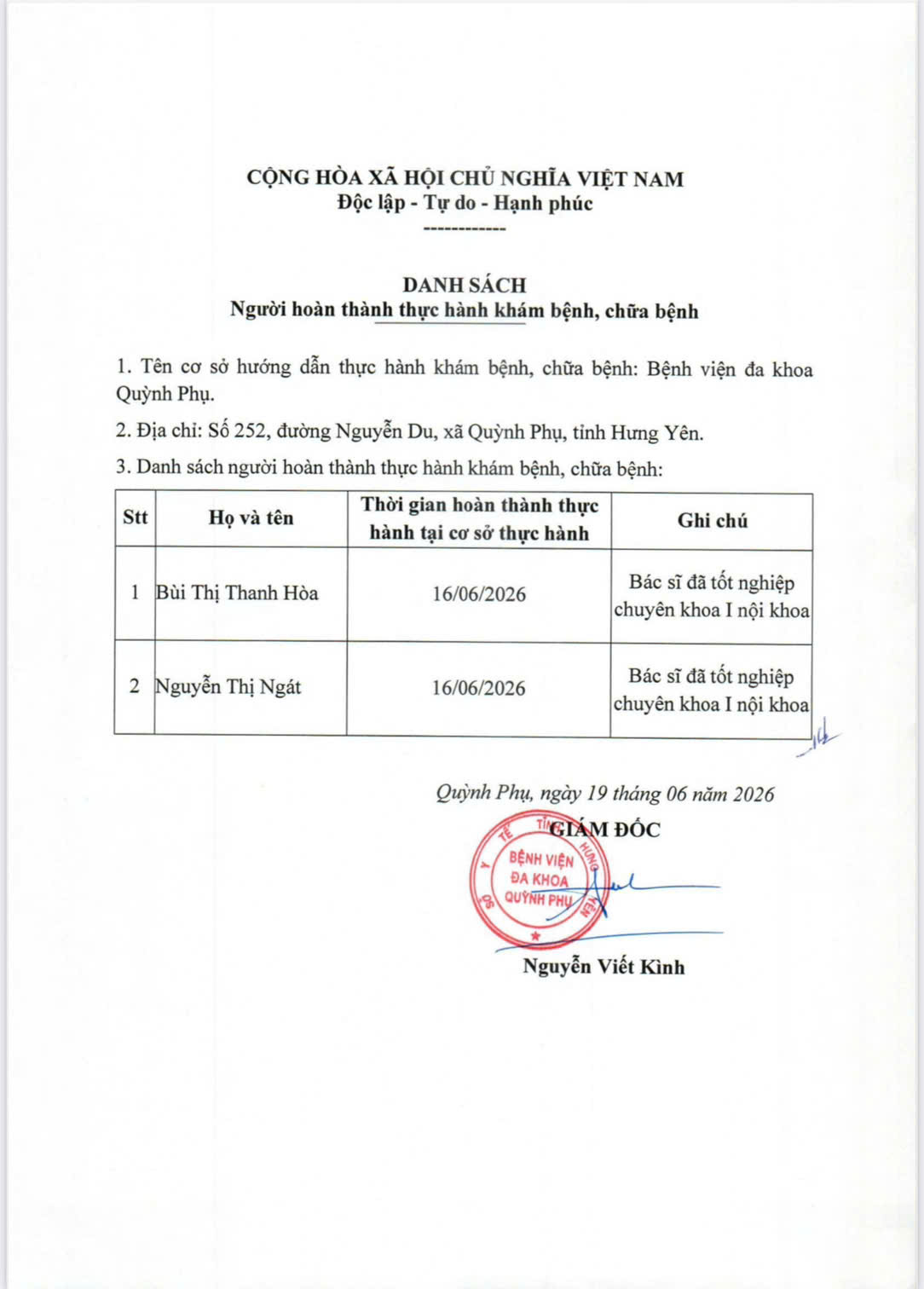 BỆNH VIỆN ĐA KHOA QUỲNH PHỤ THÔNG BÁO DANH SÁCH NGƯỜI THỰC HÀNH KHÁM BỆNH, CHỮA BỆNH