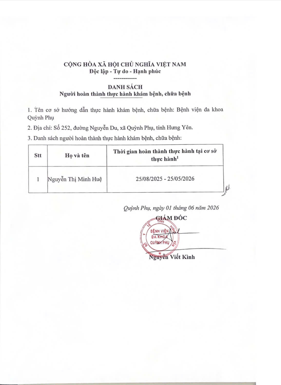 BỆNH VIỆN ĐA KHOA QUỲNH PHỤ THÔNG BÁO DANH SÁCH NGƯỜI HOÀN THÀNH THỰC HÀNH KHÁM BỆNH, CHỮA BỆNH.