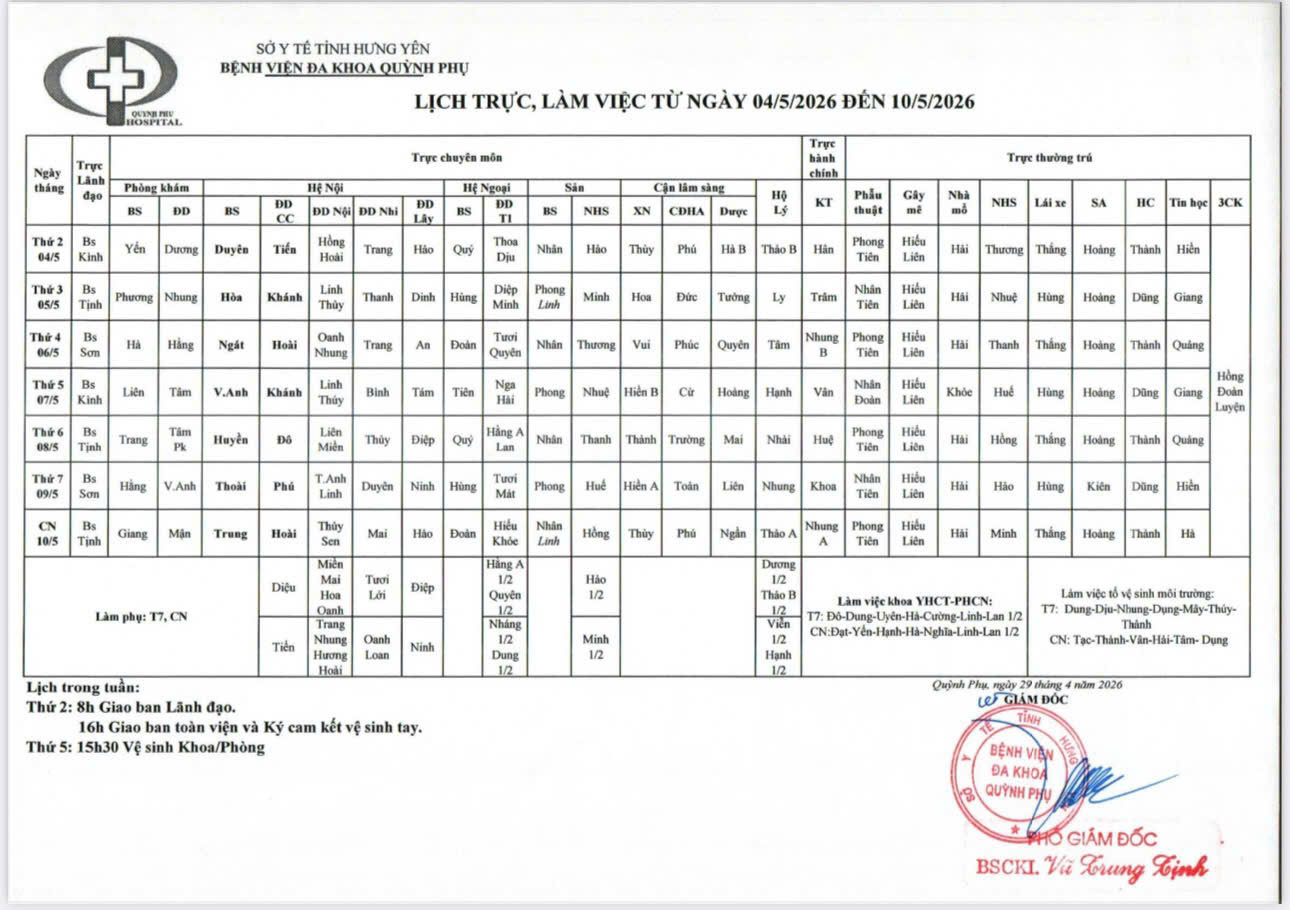 LỊCH TRỰC VÀ LÀM VIỆC TỪ 04/5/2026 - 10/5/2026