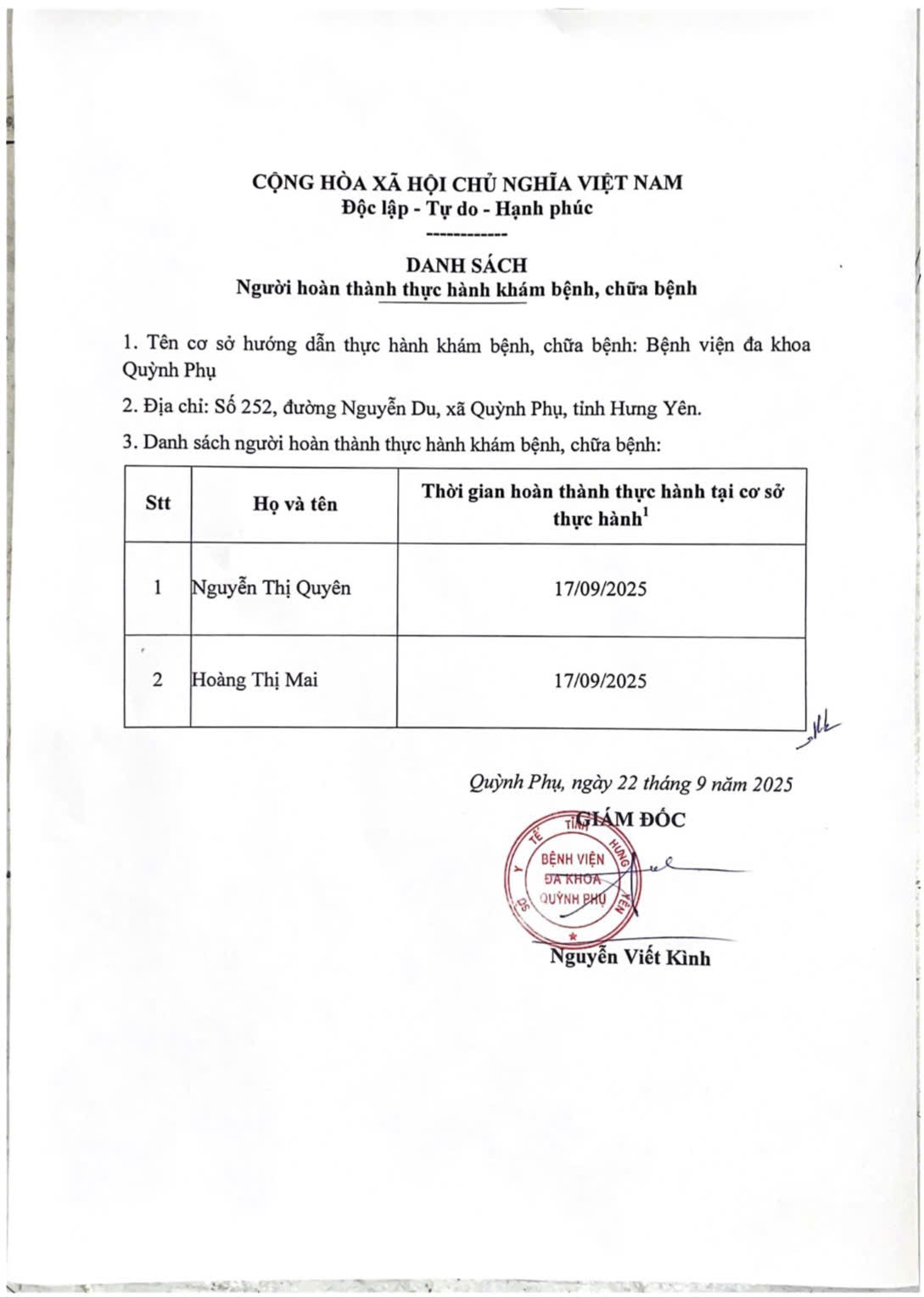 BỆNH VIỆN ĐA KHOA QUỲNH PHỤ THÔNG BÁO DANH SÁCH NGƯỜI HOÀN THÀNH THỰC HÀNH KHÁM BỆNH, CHỮA BỆNH