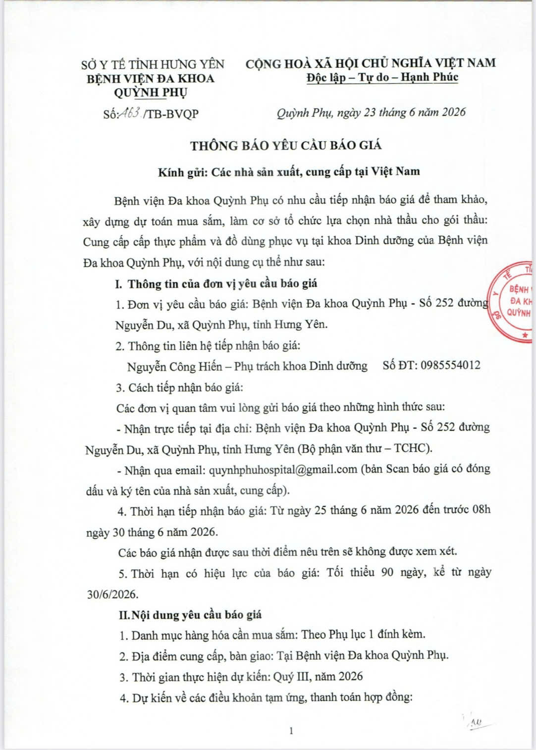 BỆNH VIỆN ĐA KHOA QUỲNH PHỤ THÔNG BÁO YÊU CẦU BÁO GIÁ GÓI THẦU: 