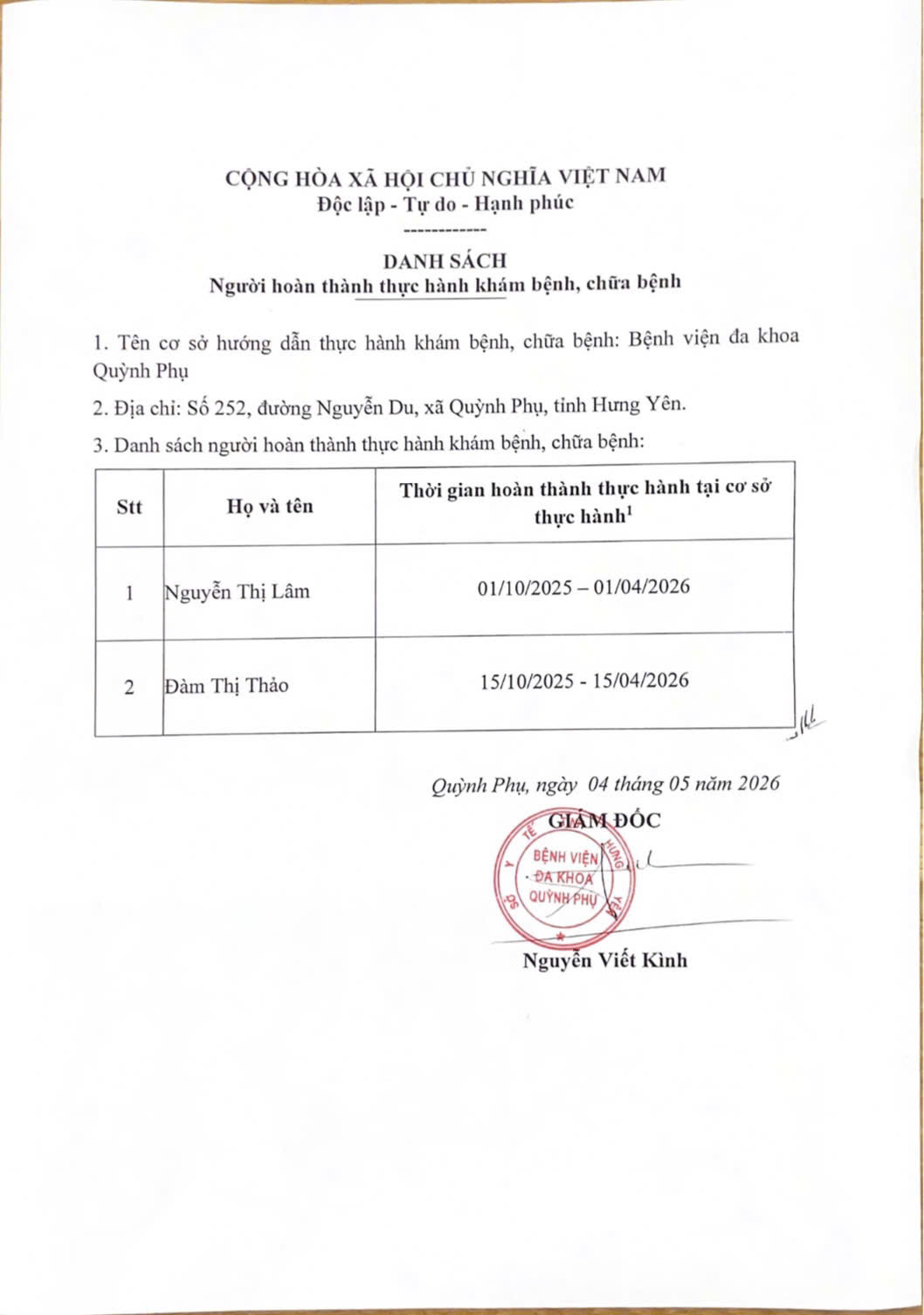 BỆNH VIỆN ĐA KHOA QUỲNH PHỤ THÔNG BÁO DANH SÁCH NGƯỜI HOÀN THÀNH THỰC HÀNH KHÁM BỆNH, CHỮA BỆNH.