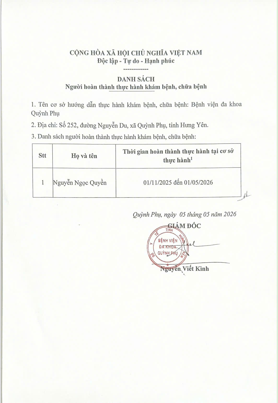 BỆNH VIỆN ĐA KHOA QUỲNH PHỤ THÔNG BÁO DANH SÁCH NGƯỜI HOÀN THÀNH THỰC HÀNH KHÁM BỆNH, CHỮA BỆNH