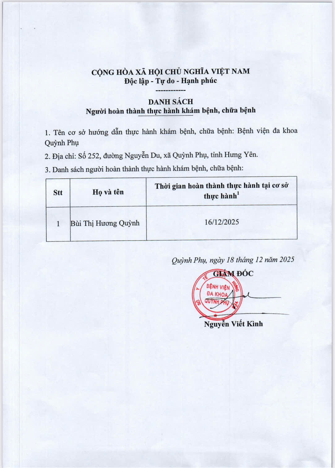 BỆNH VIỆN ĐA KHOA QUỲNH PHỤ THÔNG BÁO DANH SÁCH NGƯỜI HOÀN HÀNH THỰC HÀNH KHÁM, CHỮA BỆNH