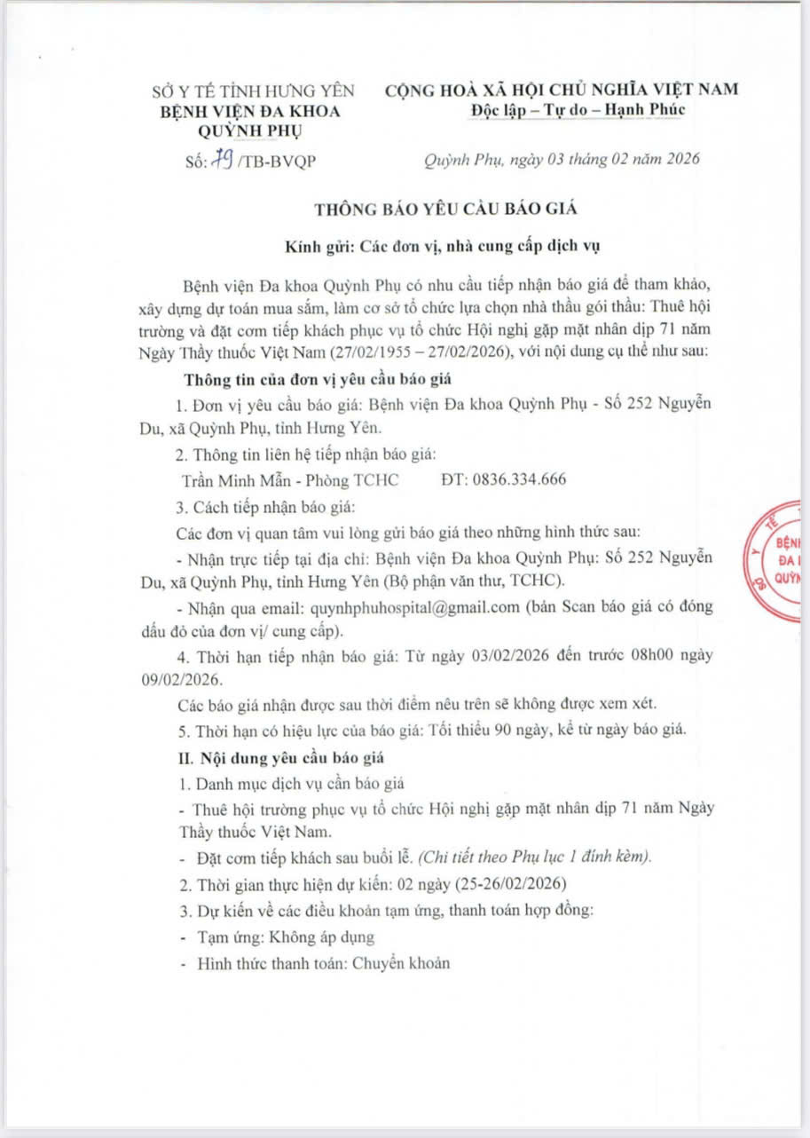 BỆNH VIỆN  ĐA KHOA QUỲNH PHỤ THÔNG BÁO YÊU CẦU BÁO GIÁ THUÊ HỘI TRƯỜNG VÀ ĐẶT CƠM TIẾP KHÁCH PHỤC VỤ TỔ CHỨC HỘI NGHỊ GẶP MẶT NHÂN DỊP 71 NĂM NGÀY THẦY THUỐC VIỆT NAM ( 27/02/1955 - 27/02/2026 )