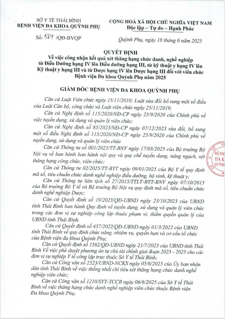 QUYẾT ĐỊNH VỀ VIỆC CÔNG NHẬN KẾT QUẢ XÉT THĂNG HẠNG CHỨC DANH, NGHỀ NGHỆP TỪ ĐIỀU DƯỠNG HẠNG IV LÊN ĐIỀU DƯỠNG HẠNG III, TỪ KĨ THUẬT VIÊN HẠNG IV LÊN KĨ THUẬT VIÊN HẠNG III VÀ DƯỢC HẠNG IV 