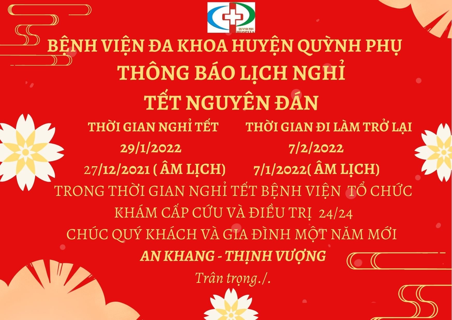 Thông báo lịch nghỉ tết Nguyên đán năm 2022