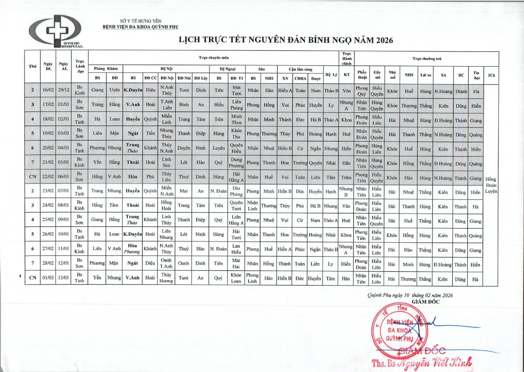 LỊCH TRỰC TẾT NGUYÊN ĐÁN BÍNH NGỌ NĂM 2026